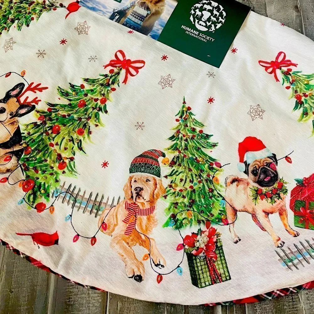 NWT Holiday Dogs Frenchie Pug Golden Retriever Christmas Tree Skirt